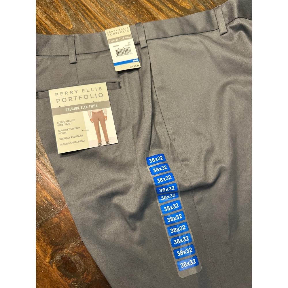 Perry Ellis Portfolio Premium Flex Twill Gray Dress Pants 38x32 New‎